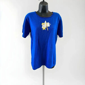 Womens Quacker Factory Christmas Angel Sequin Needlepoint Blue Shirt Small Vtg